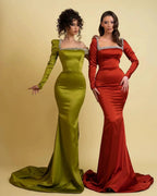 Glamorous Long Mermaid Square Neck Rhinestones Prom Dress With Long Sleeves by misshow.com