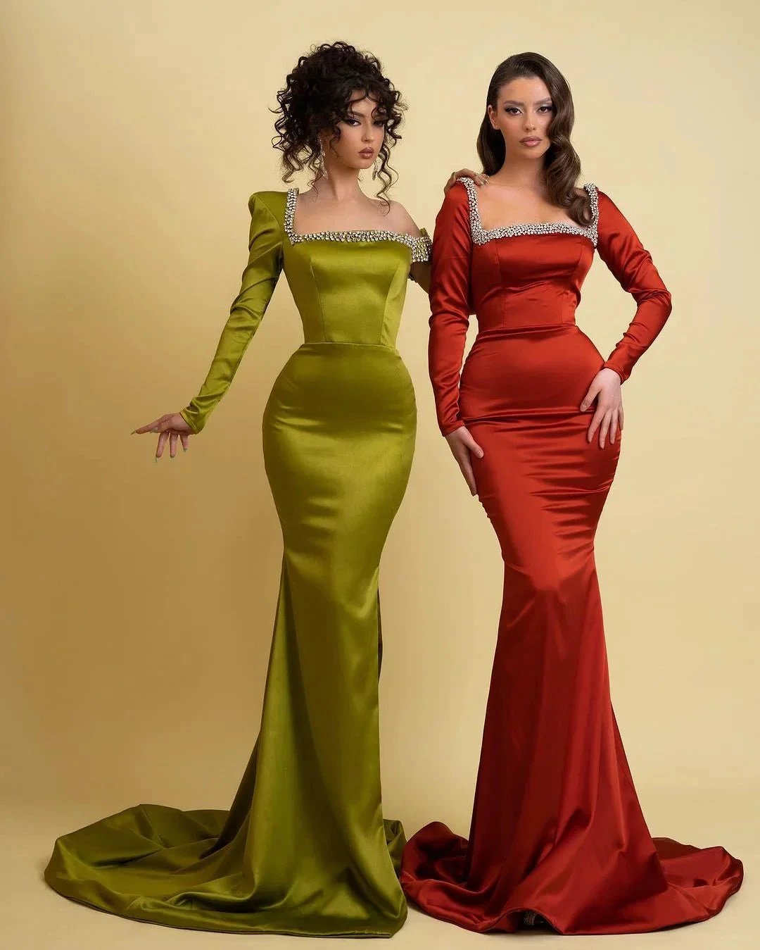Glamorous Long Mermaid Square Neck Rhinestones Prom Dress With Long Sleeves by misshow.com