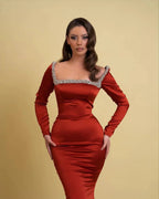 Glamorous Long Mermaid Square Neck Rhinestones Prom Dress With Long Sleeves by misshow.com