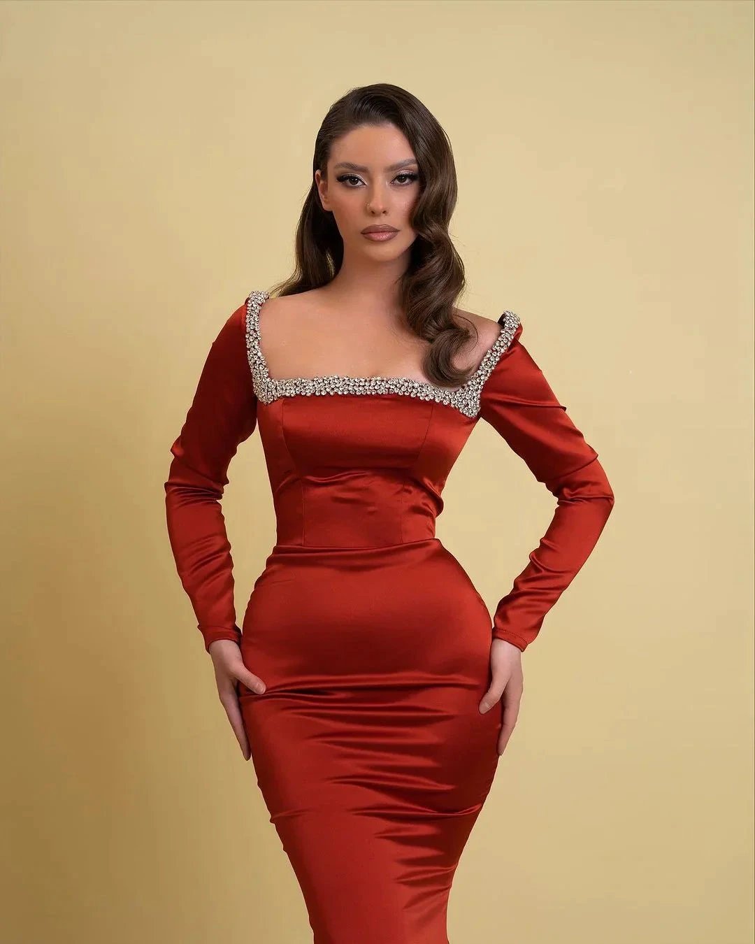 Glamorous Long Mermaid Square Neck Rhinestones Prom Dress With Long Sleeves by misshow.com
