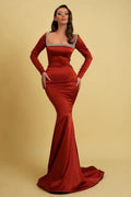 Glamorous Long Mermaid Square Neck Rhinestones Prom Dress With Long Sleeves by misshow.com