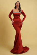 Glamorous Long Mermaid Square Neck Rhinestones Prom Dress With Long Sleeves by misshow.com