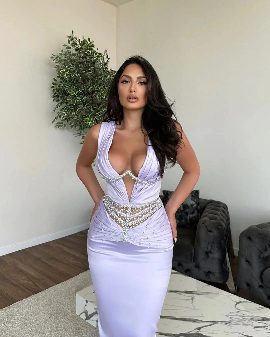 Glamorous Long Mermaid V-neck Rhinestones Sleeveless Prom Dress by misshow.com