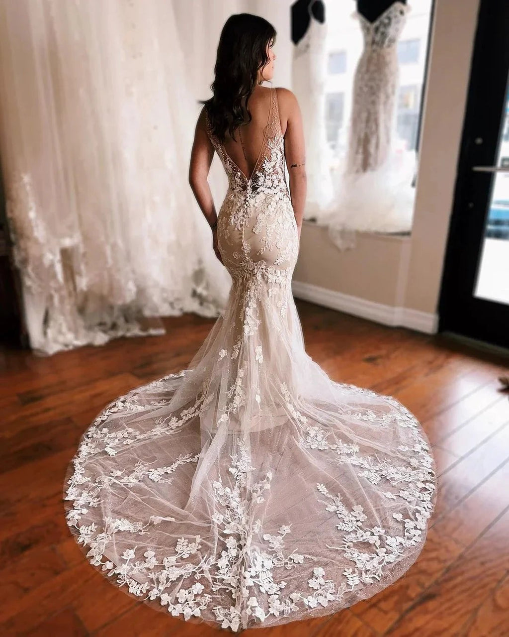 Glamorous Long Mermaid V-neck Sleeveless Backless Wedding Dress With Lace by misshow.com