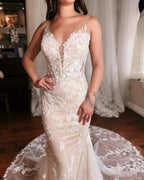 Glamorous Long Mermaid V-neck Sleeveless Backless Wedding Dress With Lace by misshow.com