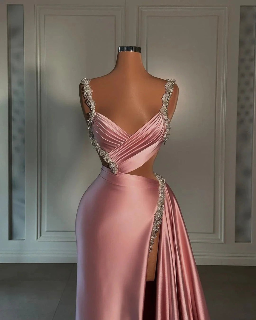 Glamorous Long Pink Straps Satin Split Front Beading Prom Dress With Ruffles by misshow.com