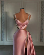 Glamorous Long Pink Straps Satin Split Front Beading Prom Dress With Ruffles by misshow.com