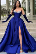 Glamorous Long Royal Blue A-line Glitter Satin Prom Dress with Slit by misshow.com