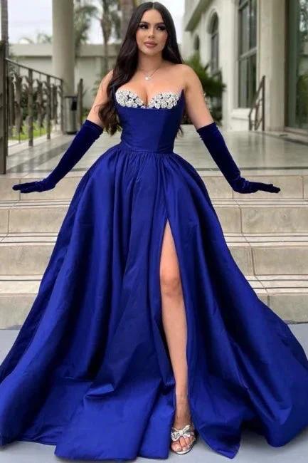 Glamorous Long Royal Blue A-line Glitter Satin Prom Dress with Slit by misshow.com