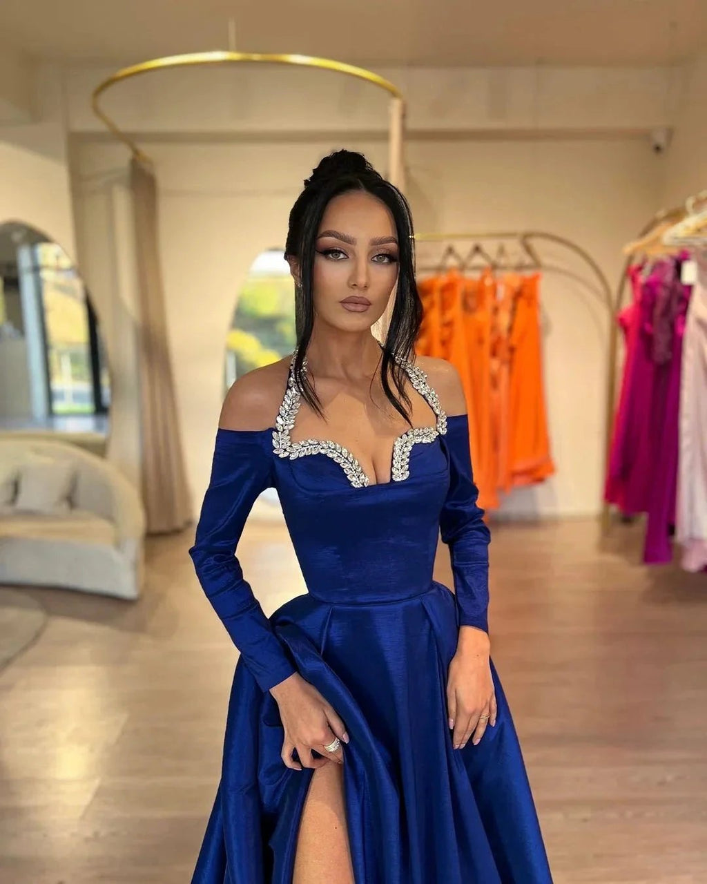 Glamorous Long Royal Blue A-line Halter Long Sleeves Rhinestones Prom Dress With Slit by misshow.com