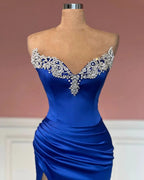 Glamorous Long Royal Blue Column Jewels Strapless Prom Dress With Slit by misshow.com