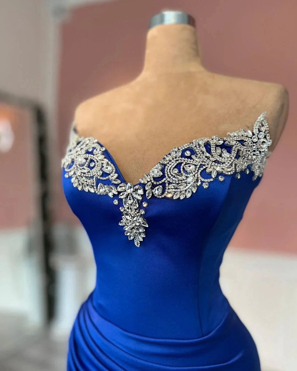 Glamorous Long Royal Blue Column Jewels Strapless Prom Dress With Slit by misshow.com