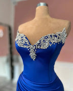 Glamorous Long Royal Blue Column Jewels Strapless Prom Dress With Slit by misshow.com