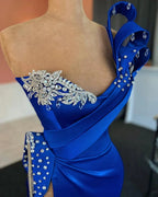 Glamorous Long Royal Blue Column One Shoulder Jewels Prom Dress With Slit by misshow.com