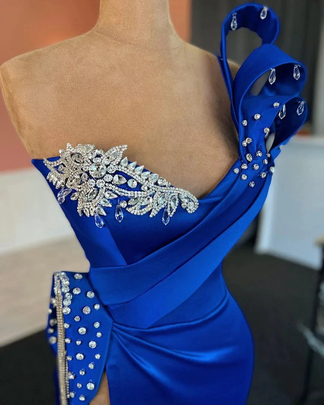 Glamorous Long Royal Blue Column One Shoulder Jewels Prom Dress With Slit by misshow.com