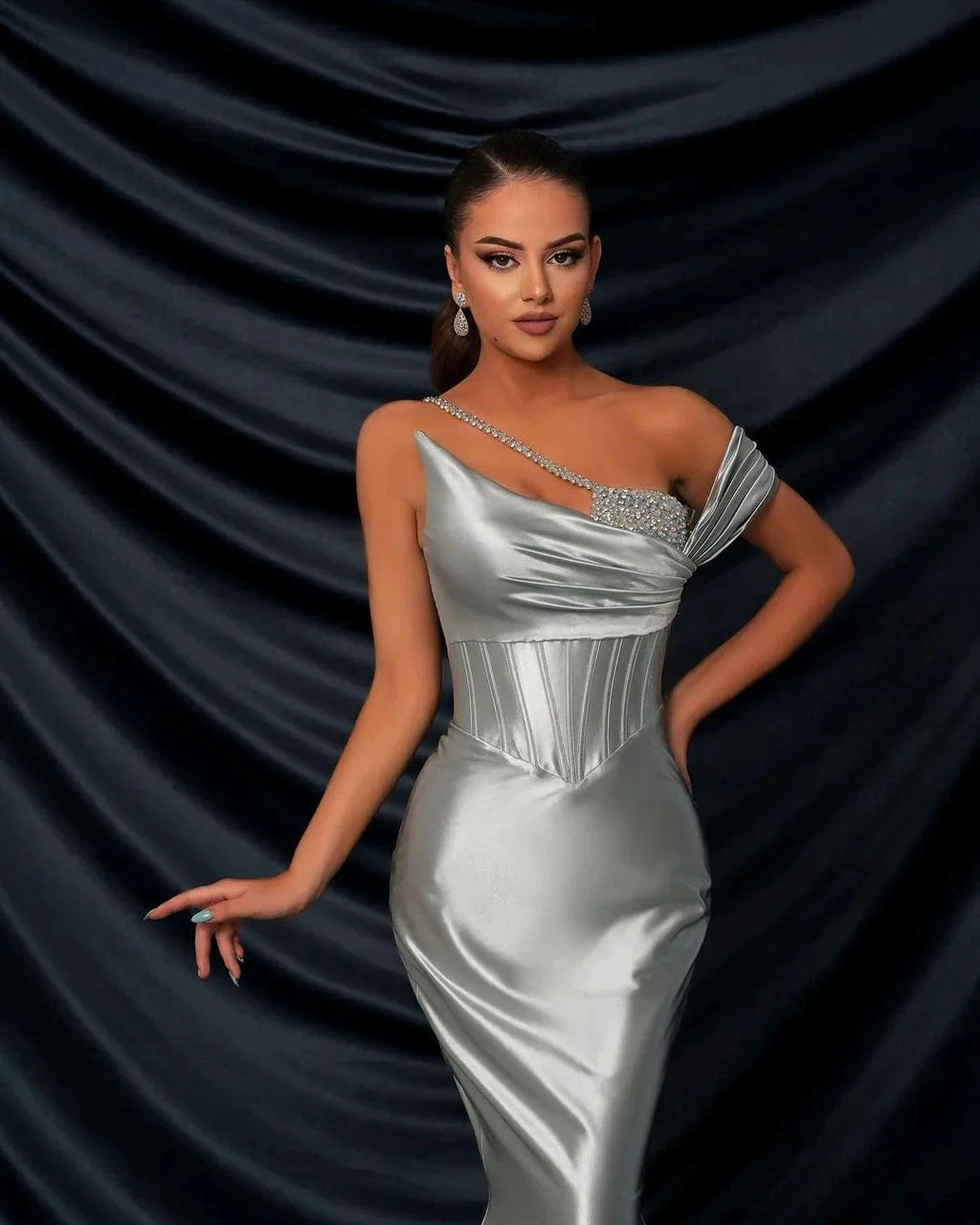 Glamorous Long Silver One Shoulder Sequined Sleeveless Mermaid Prom Dress by misshow.com