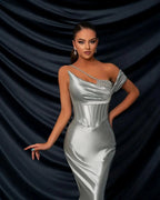 Glamorous Long Silver One Shoulder Sequined Sleeveless Mermaid Prom Dress by misshow.com