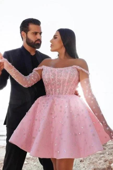Glamorous Short Pink Cocktail Dresses Off-the-shoulder Glitter Prom Dress With Lace by misshow.com