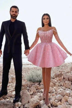Glamorous Short Pink Cocktail Dresses Off-the-shoulder Glitter Prom Dress With Lace by misshow.com