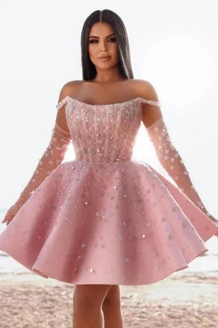 Glamorous Short Pink Cocktail Dresses Off-the-shoulder Glitter Prom Dress With Lace by misshow.com
