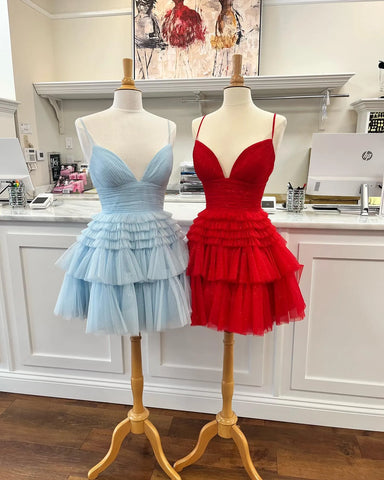 Vestido de fiesta de tul brillante con tirantes y falda con volantes escalonados SYH91 