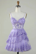 Glitter Lace Corset Ruffle Tiered Lavender Homecoming Dress PD503 by pgmdress