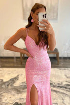 Glitter Mermaid Pink Sequins Mesh Split Prom Evening Dress PSK425