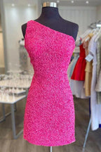 Glitter One-Shoulder Hot Pink Homecoming Dress With Sequins PD462 by pgmdress