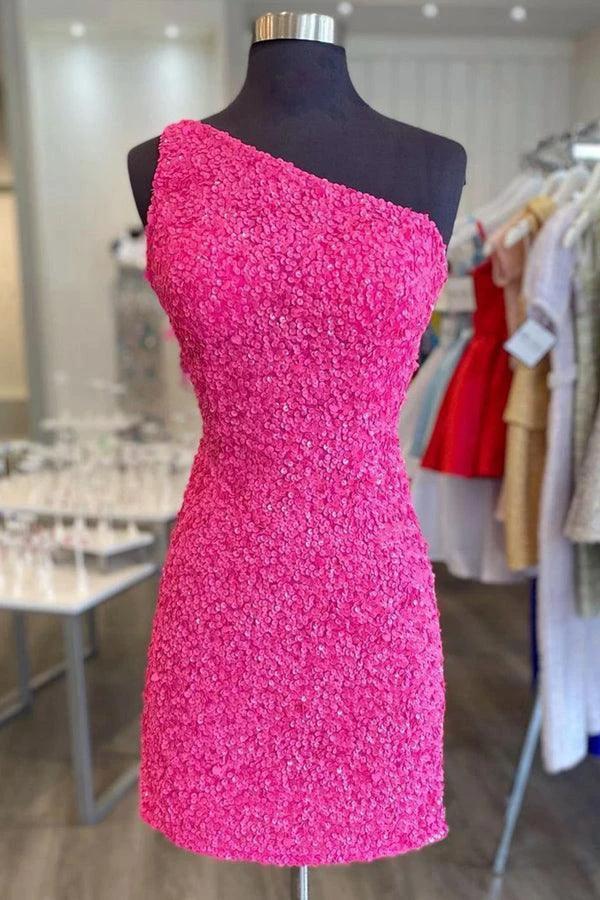 Glitter One-Shoulder Hot Pink Homecoming Dress With Sequins PD462 by pgmdress