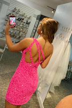 Glitter One-Shoulder Hot Pink Homecoming Dress With Sequins PD462 by pgmdress