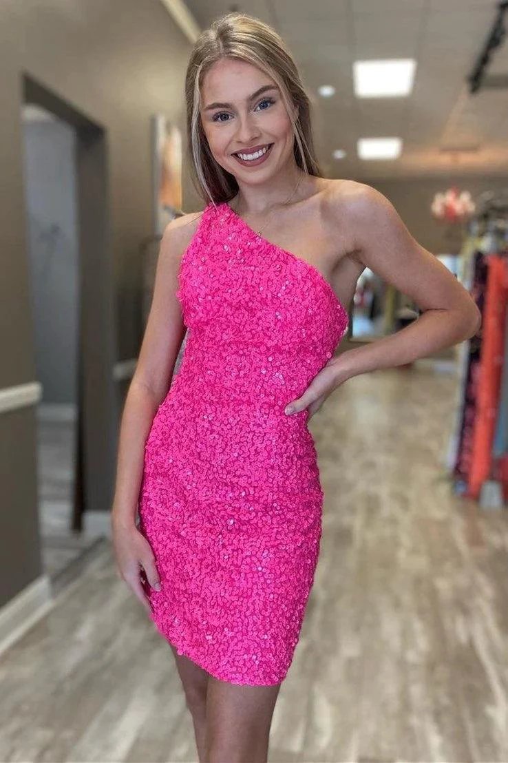 Glitter One Shoulder Hot Pink Tight Short Prom Dress Homecoming Dress PD461 by pgmdress