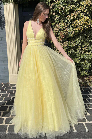 Vestido de fiesta largo de tul con cuentas y corte en A, color amarillo brillante, PSK529