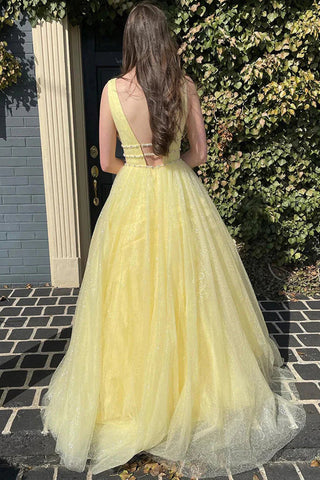 Vestido de fiesta largo de tul con cuentas y corte en A, color amarillo brillante, PSK529