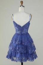 Glitter Lace Corset Ruffle Tiered Lavender Homecoming Dress PD503