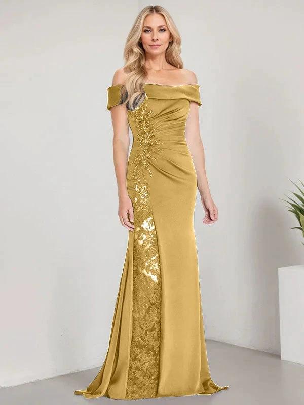 A-Line Off the Shoulder Floor-Length Mother of the Bride Dress Applique Beadings Mermaid Dress With High Split by Dreamylily