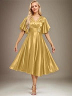 A-line V-Neck Tea-Length Stretch Satin Mother of the Bride Dress With Beading Pleated by Dreamylily