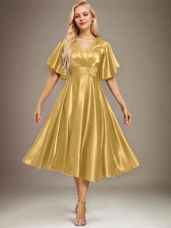 A-line V-Neck Tea-Length Stretch Satin Mother of the Bride Dress With Beading Pleated by Dreamylily