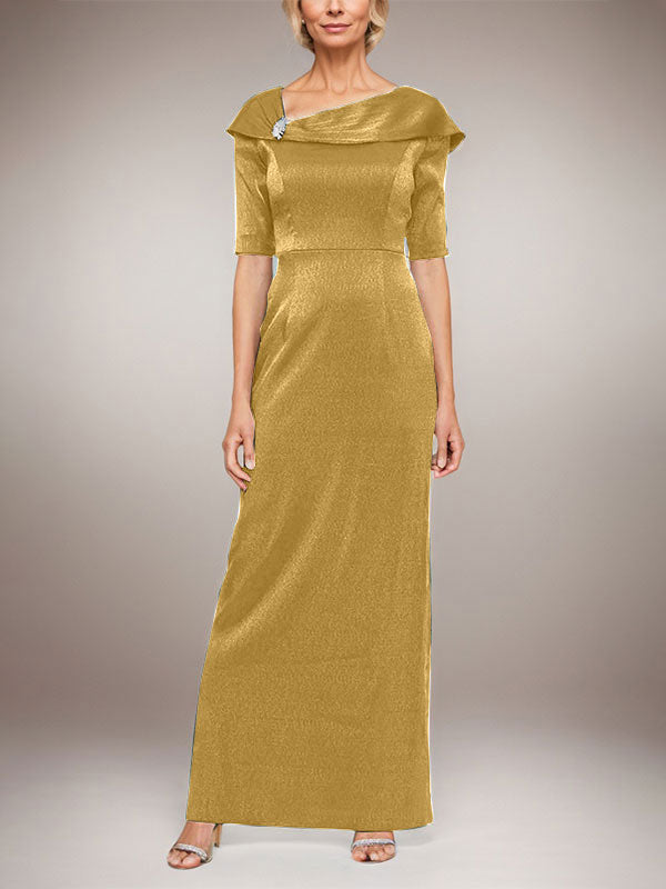 Long Shimmer Column Dress with Foldover Cuff L-Neckline and Elbow Sleeves