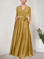 Surplice Neckline Ballgown with Full Satin Skirt & Jersey Bodice by Dreamylily