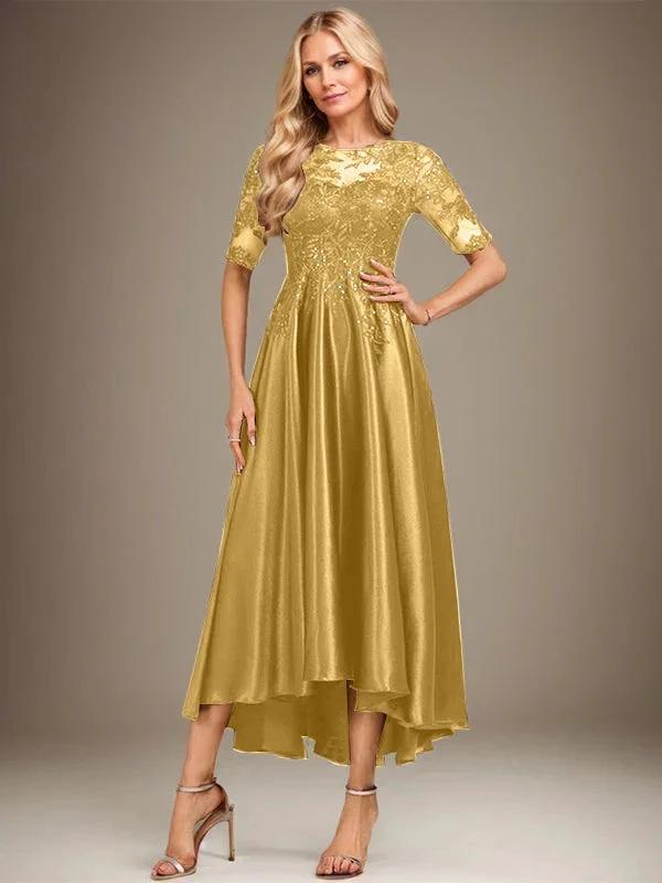 A-line Scoop Illusion Asymmetrical Stretch Satin Lace Mother of the Bride Dress With Sequins by Dreamylily