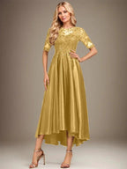 A-line Scoop Illusion Asymmetrical Stretch Satin Lace Mother of the Bride Dress With Sequins by Dreamylily