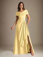 A-Line Scoop Floor-Length Stretch Satin Mother of the Bride Dress With Cascading Ruffles by Dreamylily