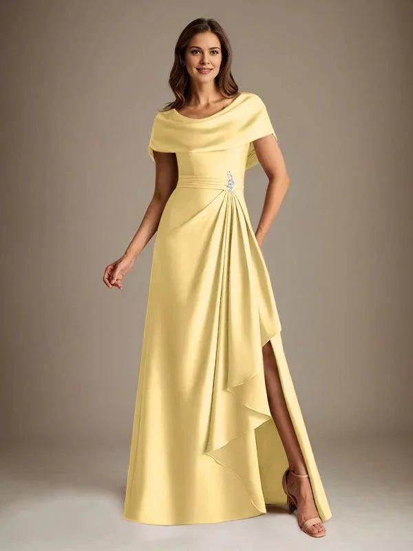A-Line Scoop Floor-Length Stretch Satin Mother of the Bride Dress With Cascading Ruffles by Dreamylily