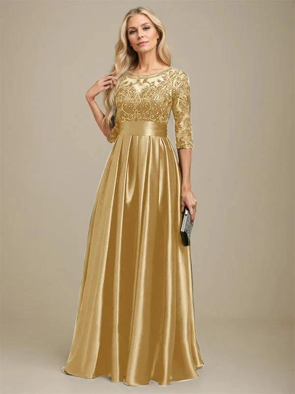 A-line Scoop Illusion Floor-Length Stretch Satin Lace Mother of the Bride Dress With Bow Sequins by Dreamylily
