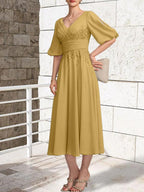 A-line V-Neck Tea-Length Lace Chiffon Mother of the Bride Dress With Pleated by Dreamylily