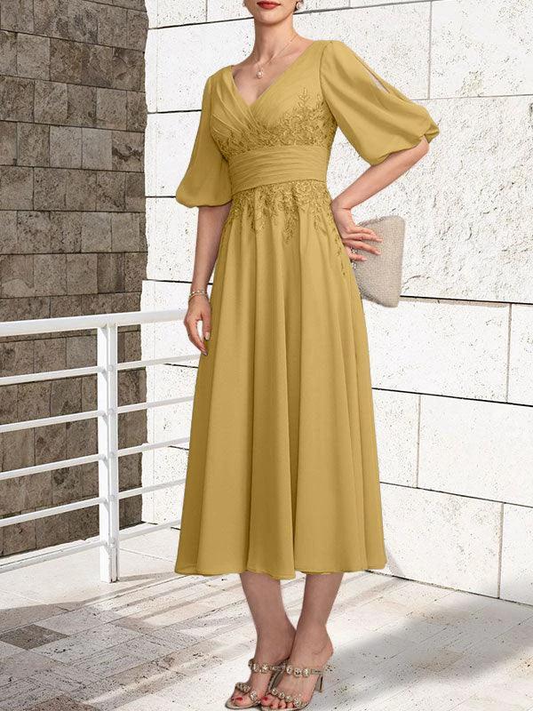 A-line V-Neck Tea-Length Lace Chiffon Mother of the Bride Dress With Pleated by Dreamylily
