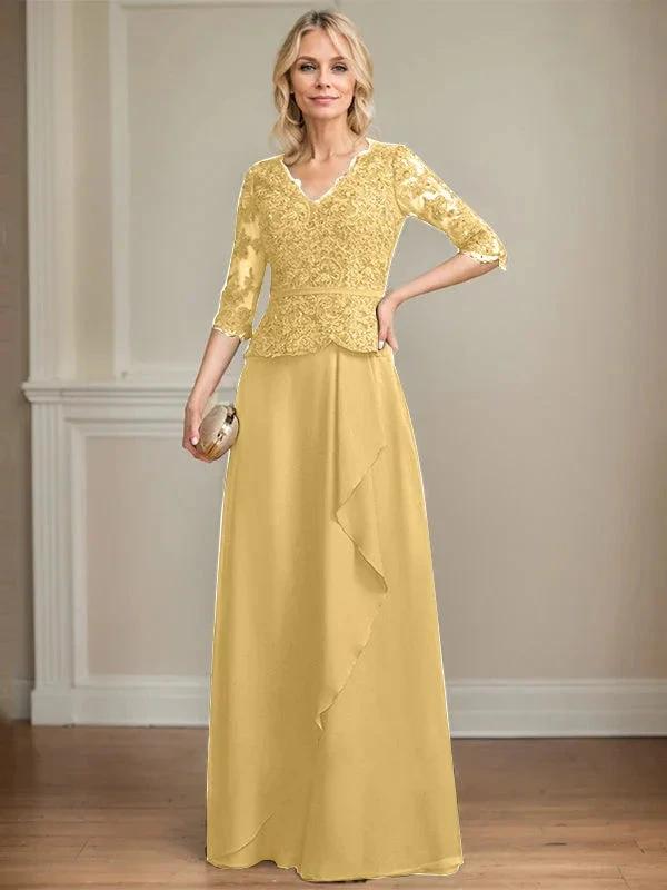 A-line V-Neck Floor-Length Lace Chiffon Mother of the Bride Dress With Cascading Ruffles Sequins by Dreamylily