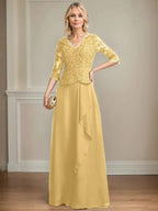 A-line V-Neck Floor-Length Lace Chiffon Mother of the Bride Dress With Cascading Ruffles Sequins by Dreamylily