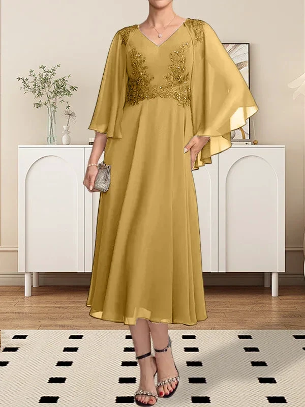 A-line V-Neck Tea-Length Chiffon Lace Mother of the Bride Dress With Beading Sequins by Dreamylily