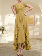 A-line Scoop Illusion Asymmetrical Chiffon Lace Mother of the Bride Dress With Bow Ruffle Sequins by Dreamylily